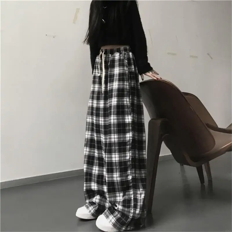 40GC Women Vintage Wide Leg Plaid Pants Oversized Loose Straight Trousers Streetwear