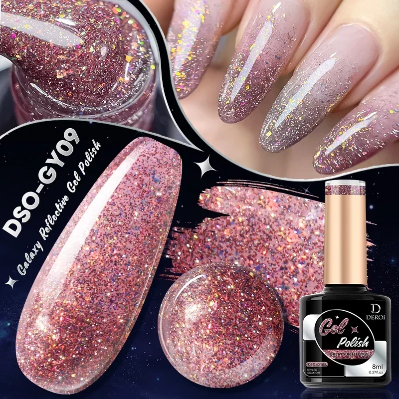 DEROI 8ml Sparkling Gel Nail Polish Reflective UV Gel Flash Glitter Nail Polish Varnish Semi Permanent Soak Off Manicure 2024