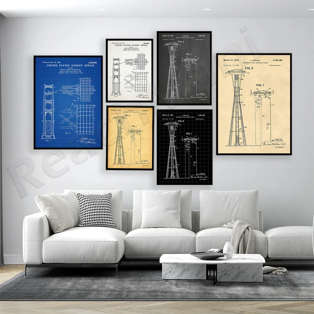 Skyscraper Design, Space Needle, Seattle City, Golden Gate Bridge Design, Wall Art Poster, Architectural Blueprint Printing