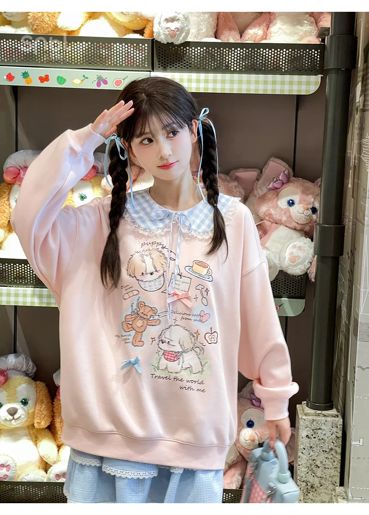 2025 Spring and Autumn New Women's Sweet Cute Cartoon Print Pink Round Neck Pullover Loose Long Sleeve Casual Hoodie