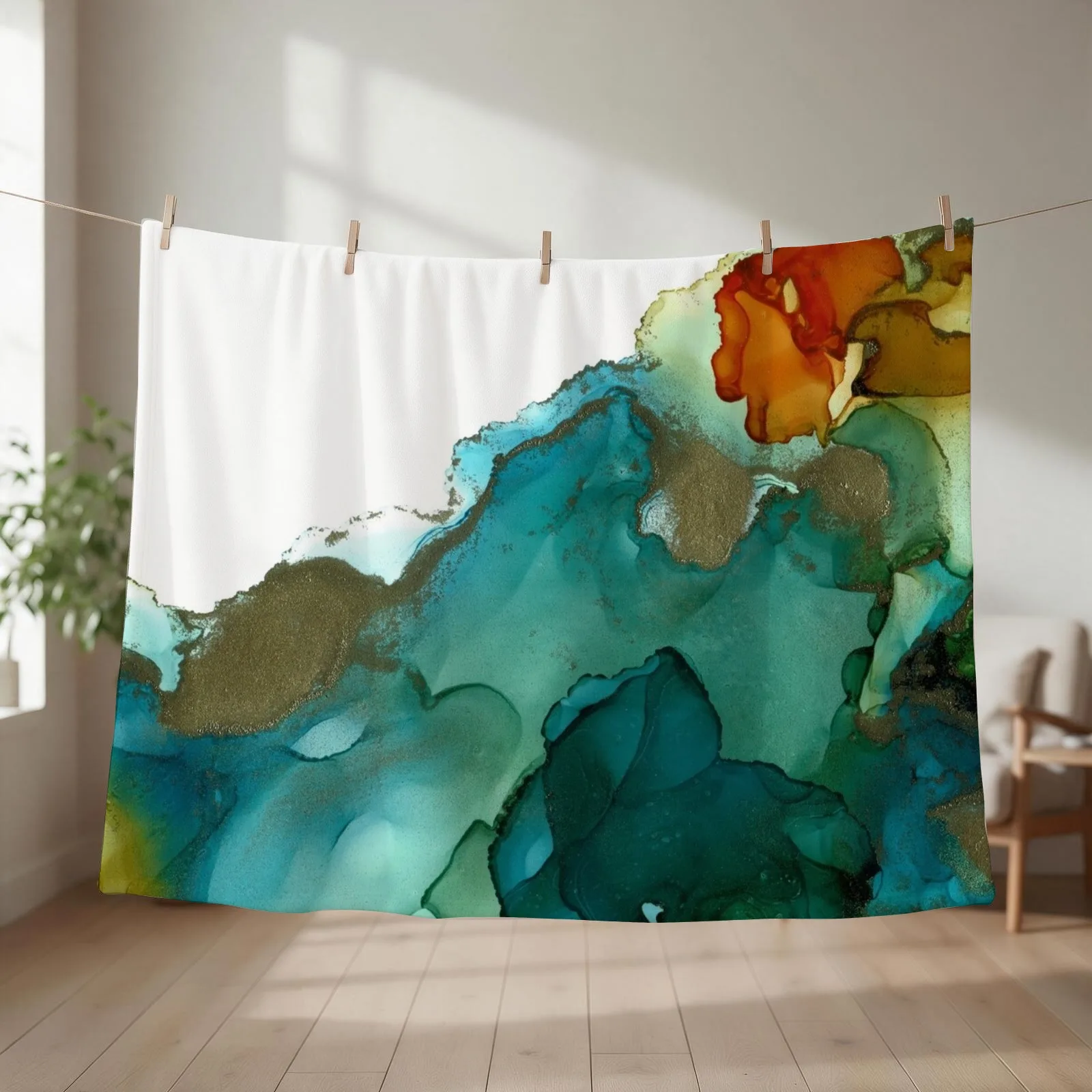 Alcohol Ink Blue Orange Green No. 3 Throw Blanket