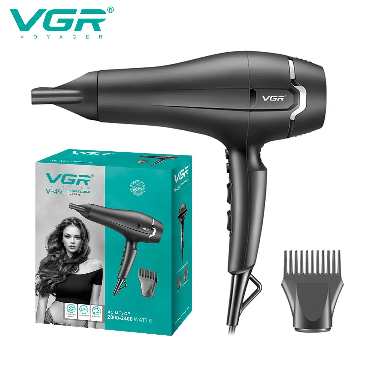 مجفف شعر منزلي VGR V-450 مع طاقة عالية وتحكم متعدد التروس لفوهة توزيع الهواء البارد والساخن للشعر د