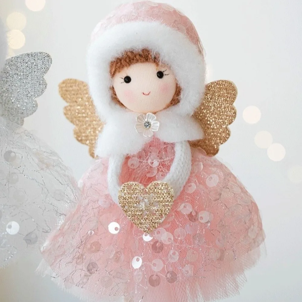 

Cute Christmas Girl Pendant Tulle Dress Girl Hanging Ornament White Mesh Shiny Golden Wings Christmas Tree Decorations