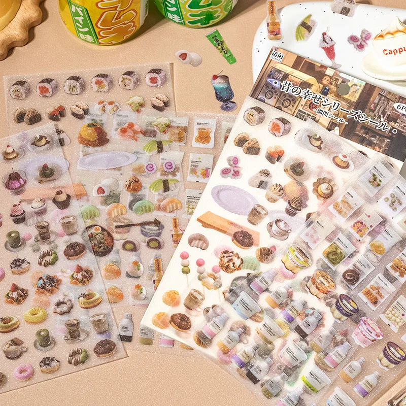 6 Sheets Cute Cake snacks theme Stickers Creativity Adhesive Diy waterproof Decorative Diary Scrapbooking material