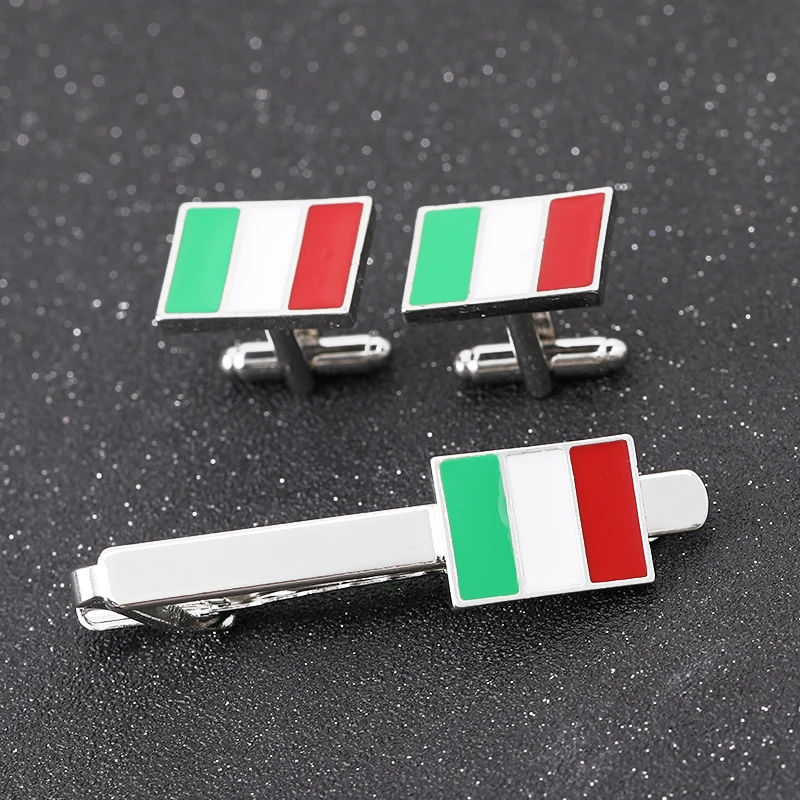 Classic Mens Italian Flag Design Cufflinks&Tie Clip Set Green White Red Enamel Oblong Cuff Button