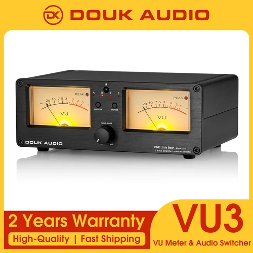 Douk Audio 양방향 앰프 스피커 스위처 박스, 듀얼 아날로그 VU 계량기, 음악 스펙트럼 디스플레이, 오디오 선택기, 리모컨 포함