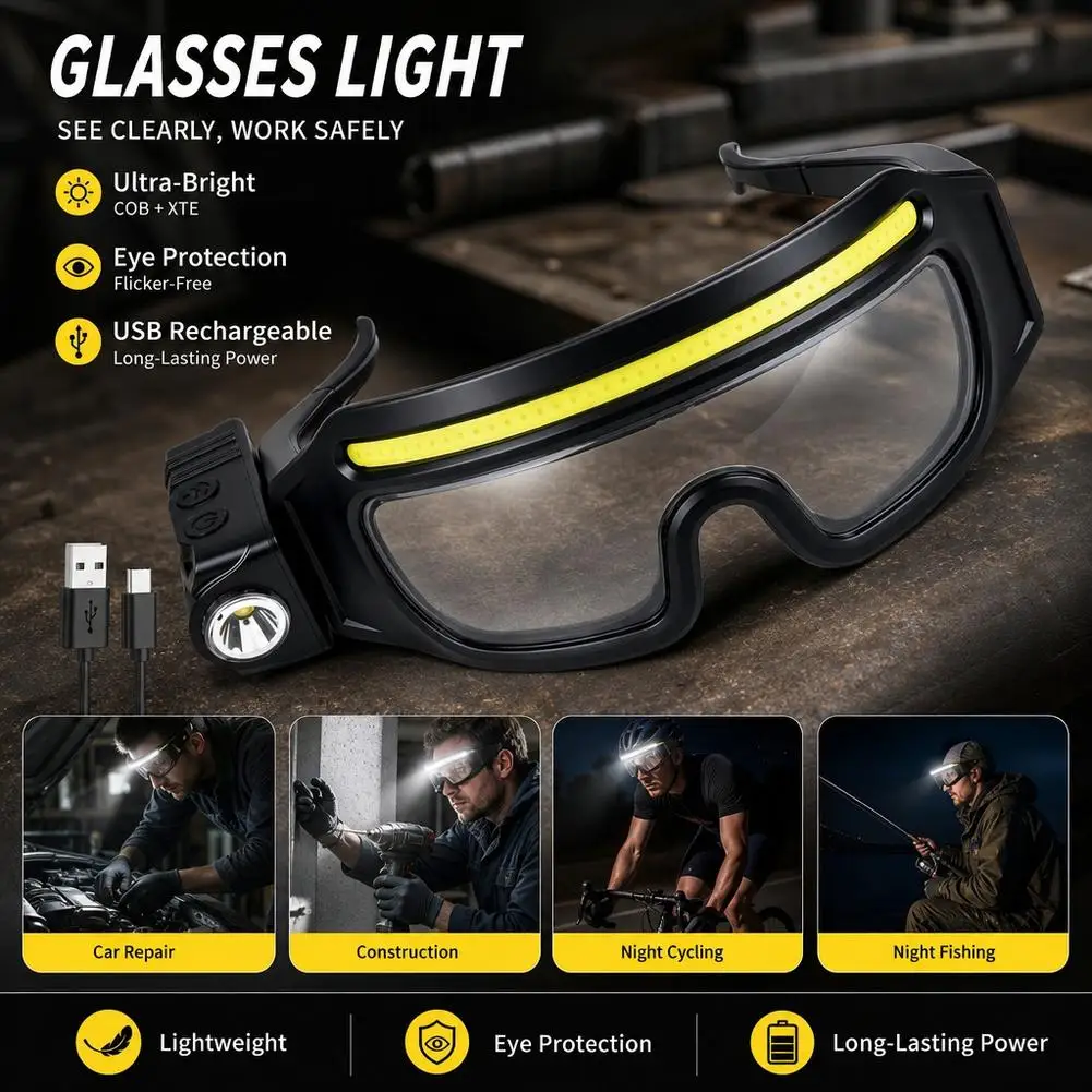 Rechargeable LED Safety Glasses Headlights Detachable Sunglasses Multifunctional Headlamp for Working Car Maintenance Light