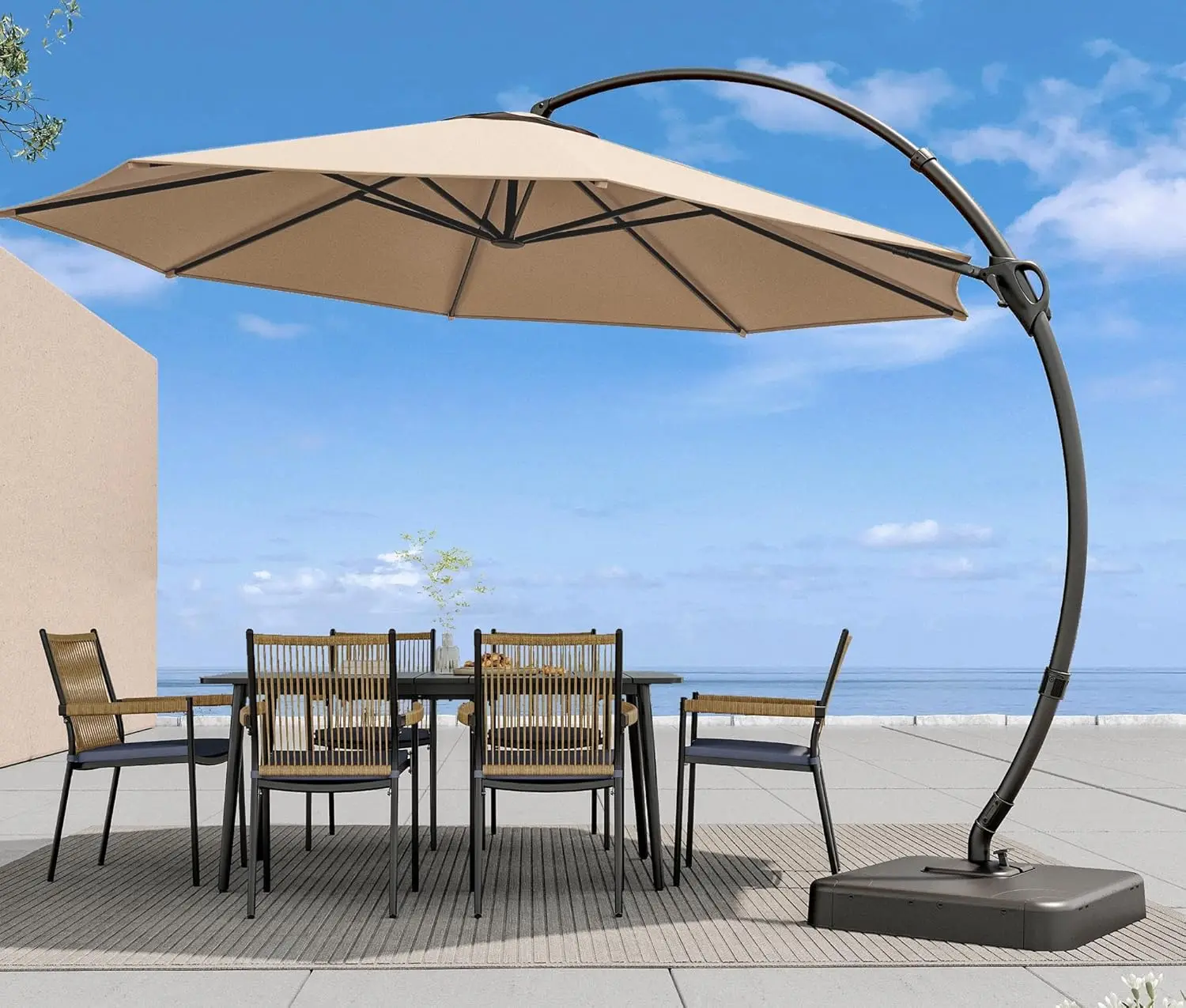 

Outdoor Patio Umbrella with Base, 11 FT Deluxe Curvy Cantilever Umbrella Duty Offset Hanging Umbrella with 360° Rotation (Beige)