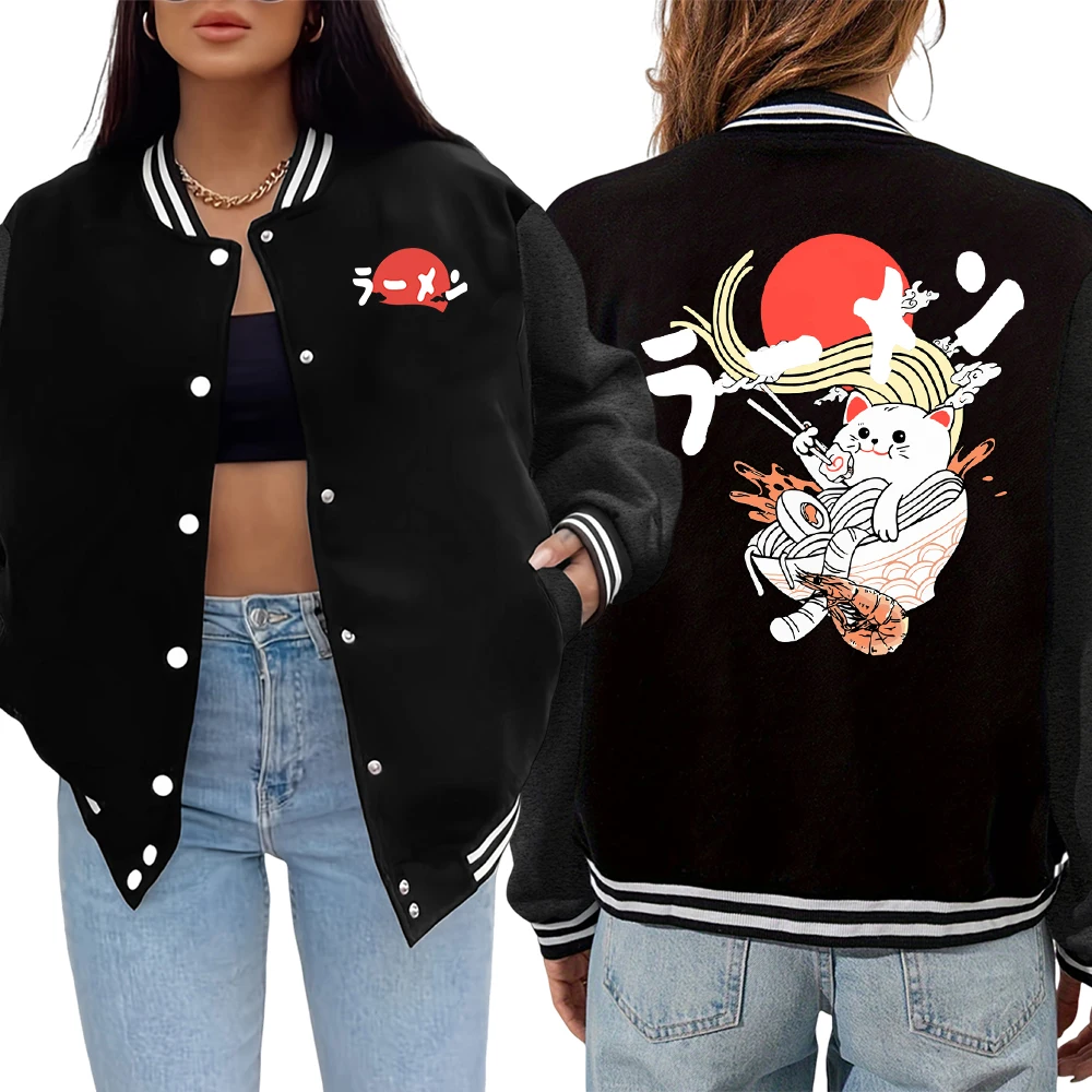 

Japanese Delicious Noodle Cat Printed Jacket Woman Soft Comfortable Streetwear Oversized Trendy Jackets Autumn Casual Clothing