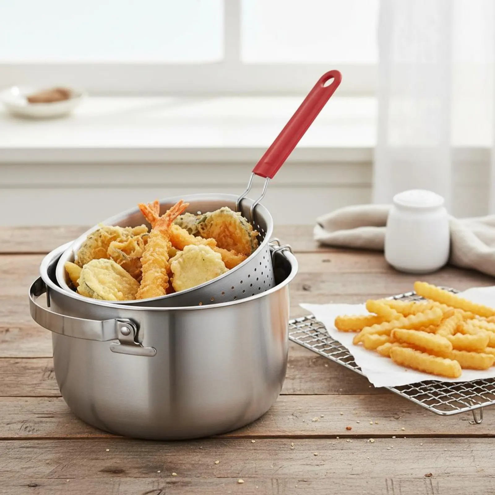 Stainless Steel Deep Fryer Pot Heat Insulated Frying Pot with Strainer Basket Small Deep Fryer Set Multi-Functional for Camping