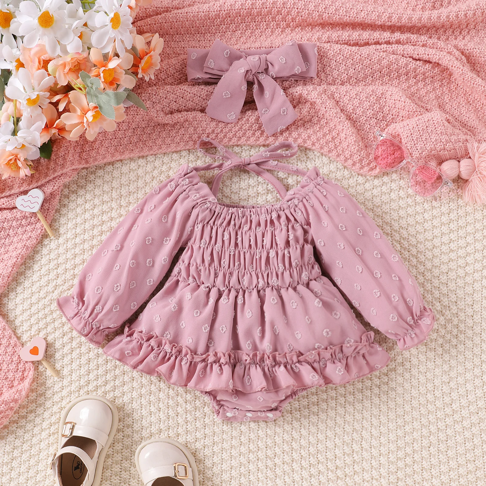 2PCS Spring And Autumn For Babies And Girls Soft And Comfortable Simple Two-Color Sunflower Long Sleeve Clothes + Headwear