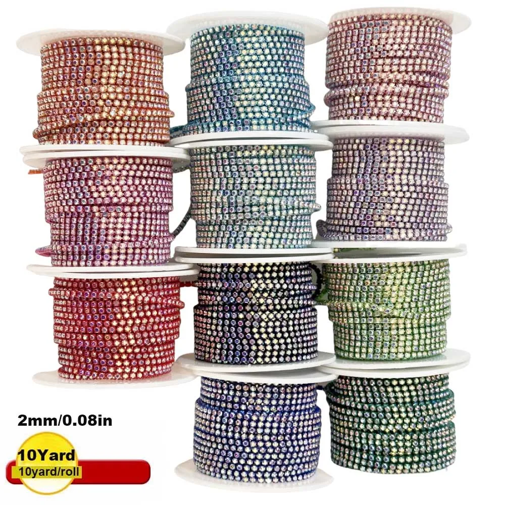 9m New 2mm Crystal AB Rhinestone Cup Chain Colorful Bottom Glass Sew On Crystal Cup Chain Apparel Rhinestone Trim DIY Dress