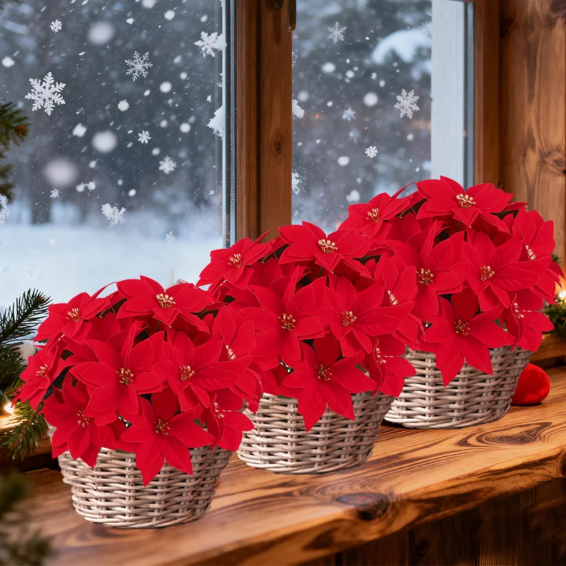 5 قطعة زهرة عيد الميلاد الاصطناعية باقات البونسيتة الحمراء لعيد الميلاد المنزل حديقة الجدول زهرية الديكور زهور الزفاف #5