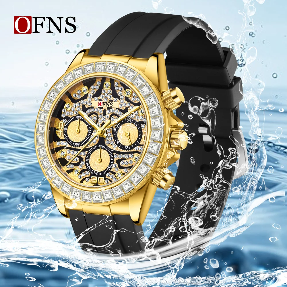 OFNS 7111 رجال الأعمال ثلاثة العين ستة دبوس ساعة كوارتز النمر نمط مقاوم للماء ليلة ضوء الاتجاه ساعة كوارتز رجالية 2025