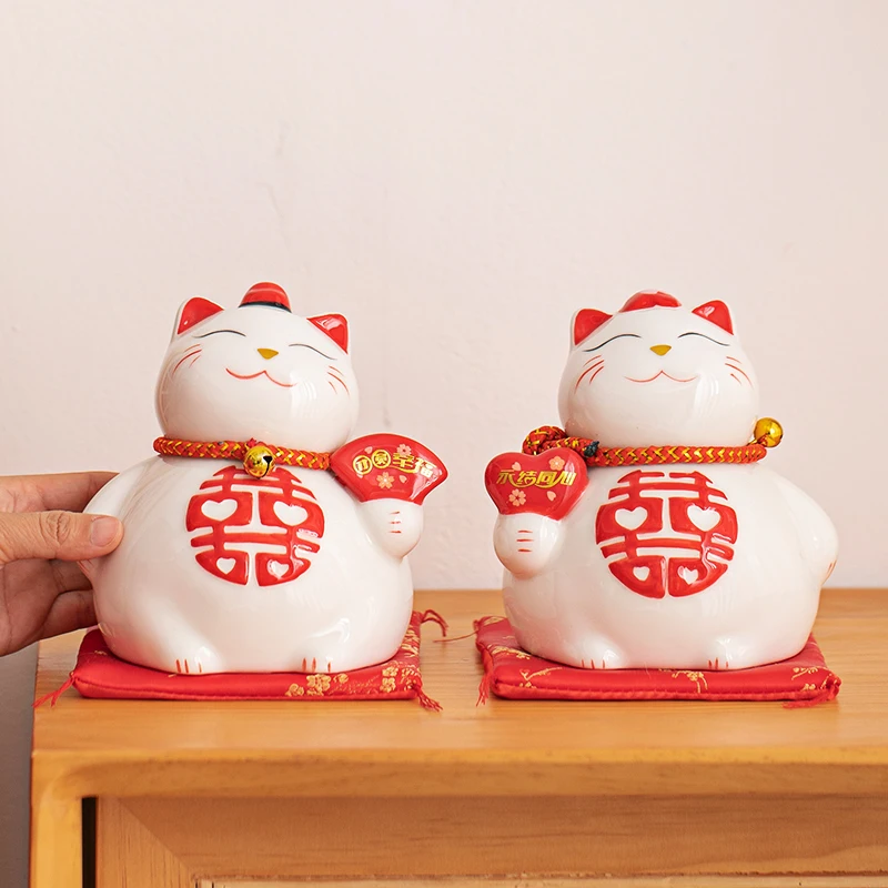 1 Set Ceramic Couple Lucky Cat For Wedding Marriage Porcelain Maneki Neko Fortune Cat Piggy Bank Money Box 5.3 Inch