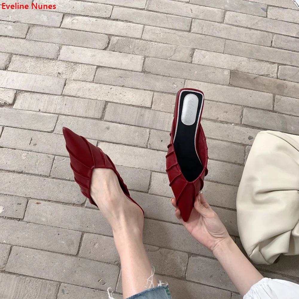 Wrinkled Surface Slip-on Slippers Women's New Arrival Summer Pointed Toe Hollow Bottom Heel Simple Fashion Confortable Shoes