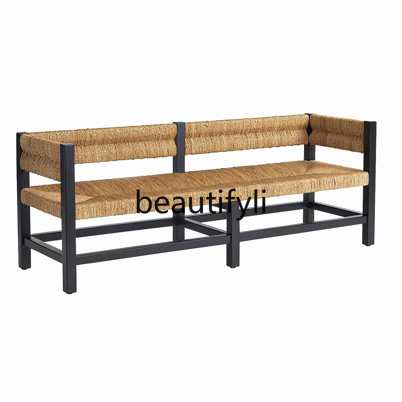 

Long solid wood rattan sofa modern simple log art chair