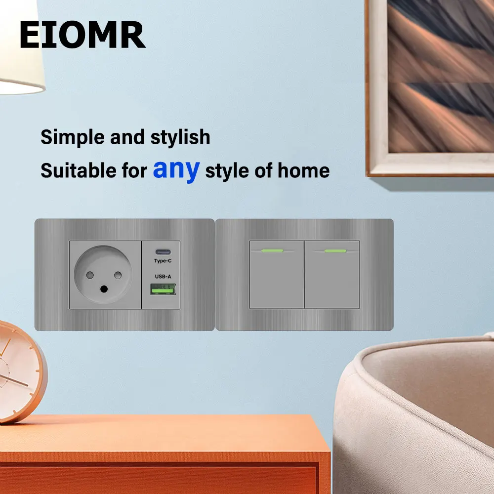 EIOMR Israel USB Type C Fast Charging Wall Socket, 118*75mm PC Brushed Grey Panel, TV Tel Doorbell Mechanical Wall Light Switch view 5