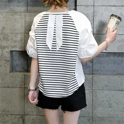 Short Sleeved Bubble Sleeved Patchwork Pullover Shirt For Women's Striped Summer Design Round Neck Top