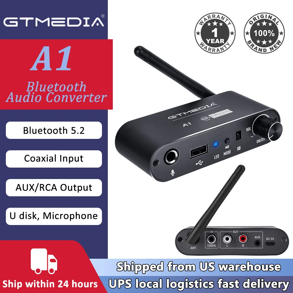 

GTMEDIA A1 Беспроводной Bluetooth-приемник Цифро-аналоговый аудиоконвертер USB Коаксиальный вход 3,5 мм AUX RCA Выход для ТВ-динамиков