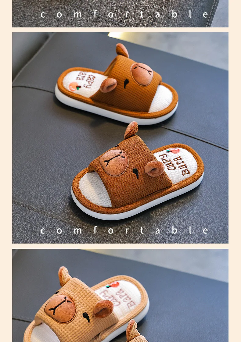 Capybara Kinder-Leinenhausschuhe Frühling Herbst Rutschfeste Weiche Sohle für Jungen Mädchen Eltern-Kind Hausschuhe Damen Bodenschuhe – Detail 7