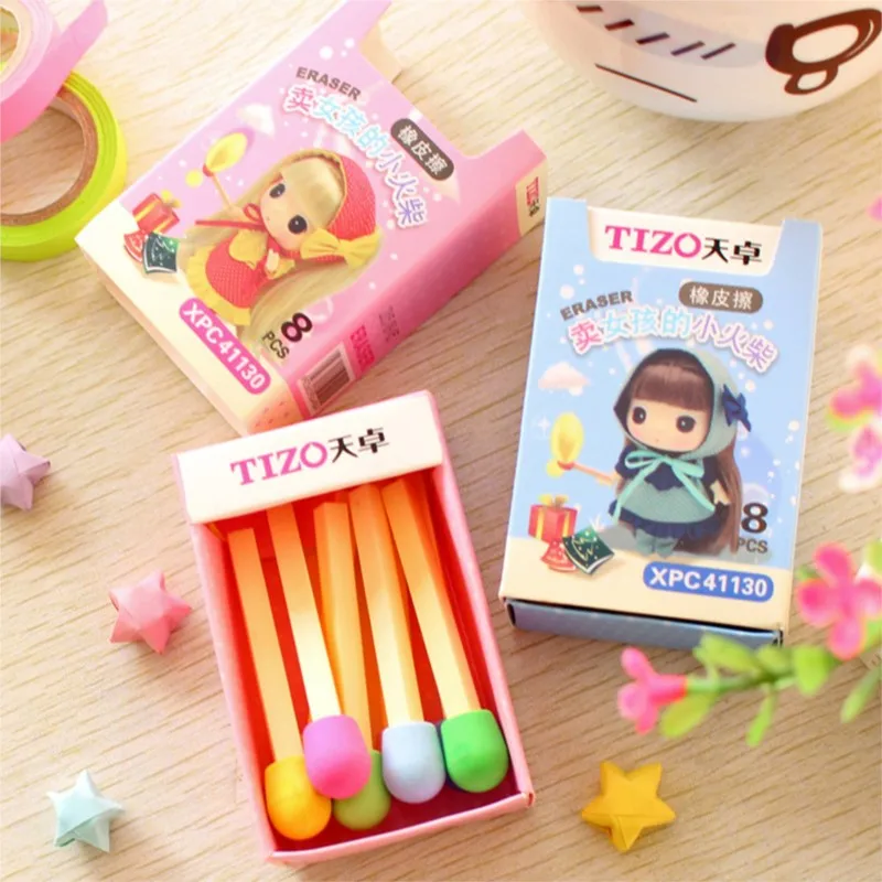 8Pcs/box Creactive Matchstick Eraser Colorful Pencil Rubber School Office Stationery image 4