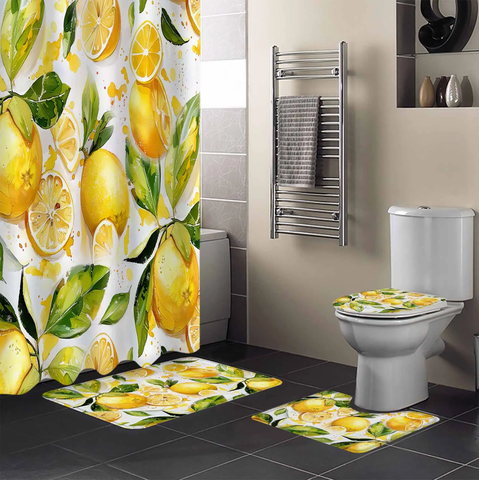 Lemon Leaves Watercolor Shower Curtain Set Non-Slip Rugs Bath Mat Toilet Lid Cover Waterproof Bathroom Curtain