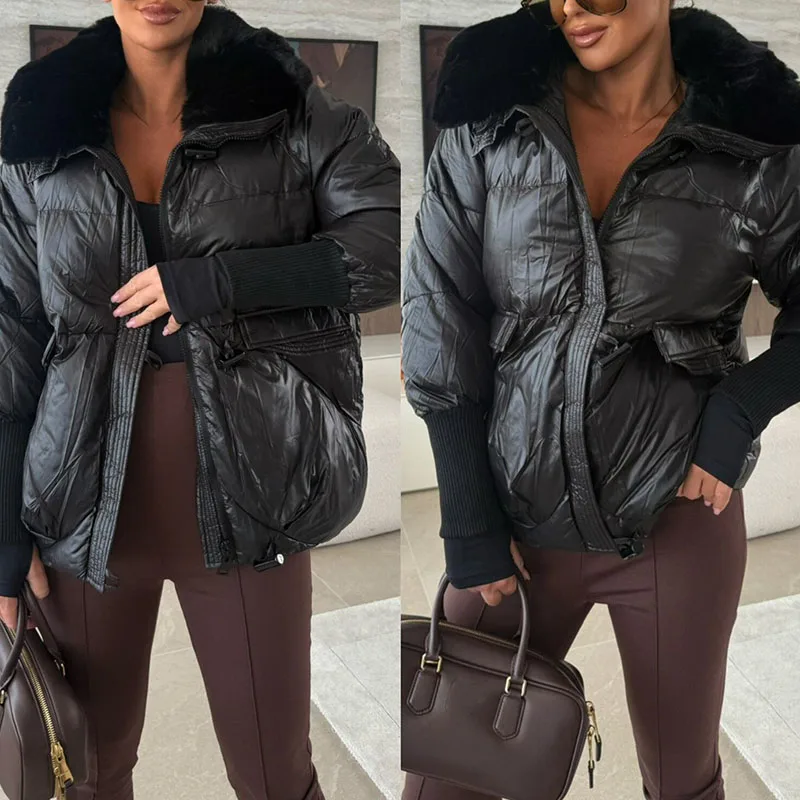 معاطف نسائية أنيقة ذات ياقة طية صدر السترة معاطف فضفاضة كاجوال بأكمام طويلة من القطن الصلب مبطنة للخريف والشتاء معطف خارجي سميك