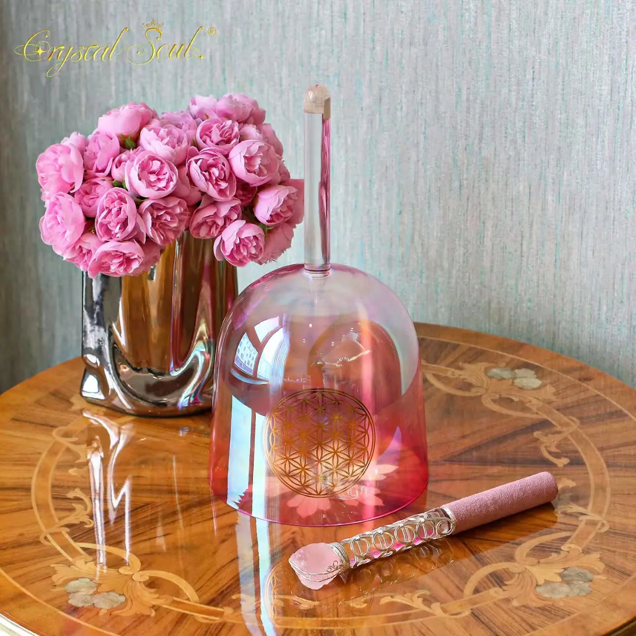 

CrystalSoul 432hz Pink Gradient Flower of Life Holding Alchemical Crystal Bowl with accessories and Bag