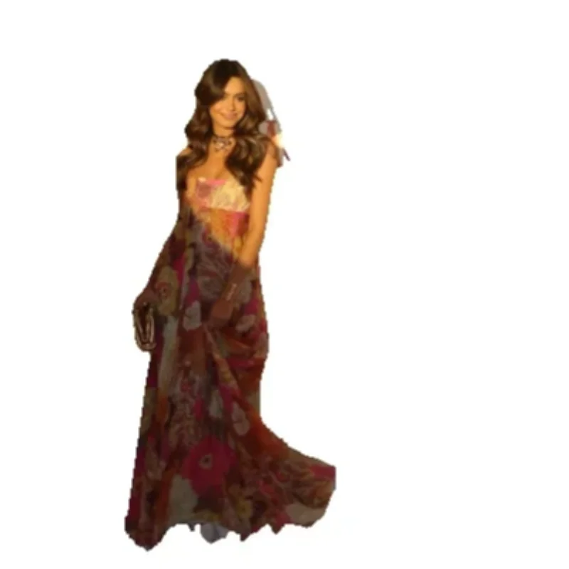 Chique bloemenprint geplooide lange jurk dames sexy strapless backless losse party vestidos 2025 zomer dame high street gewaden nieuw - afbeelding 2