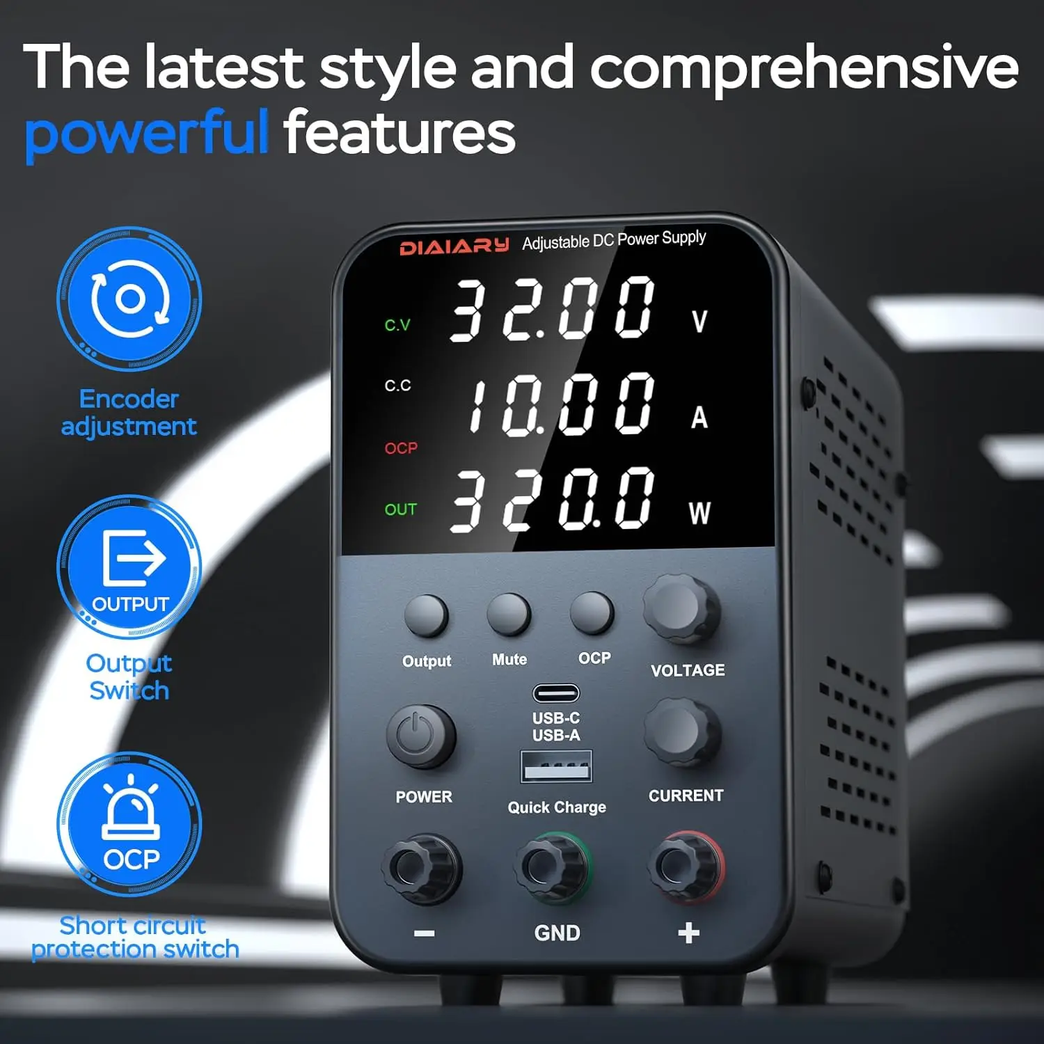 DC Power Supply Variable, 32V 10A Bench Power Supply with Encoder Knob, 4-Digits Display, Adjustable Regulated lab Power Supply