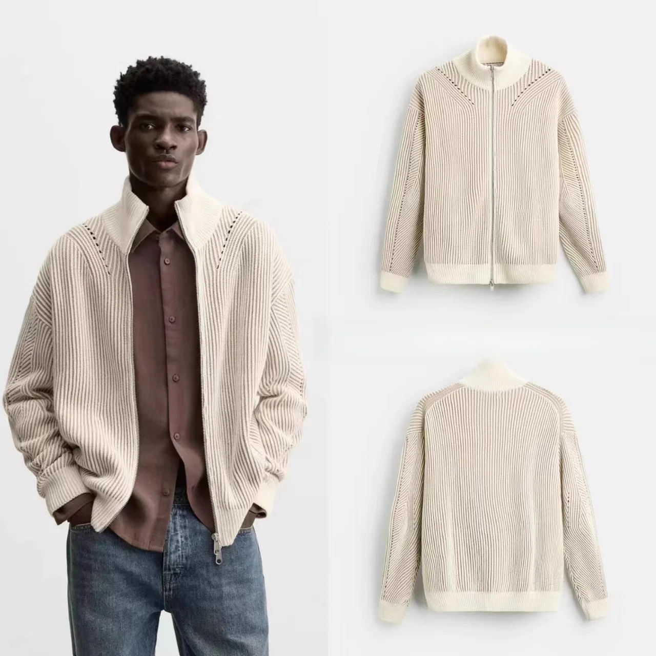 

Мужской вязаный кардиган на осень-зиму, удлиненный, с воротником-стойкой, приталенный, с фактурным узором, молодежный стиль...