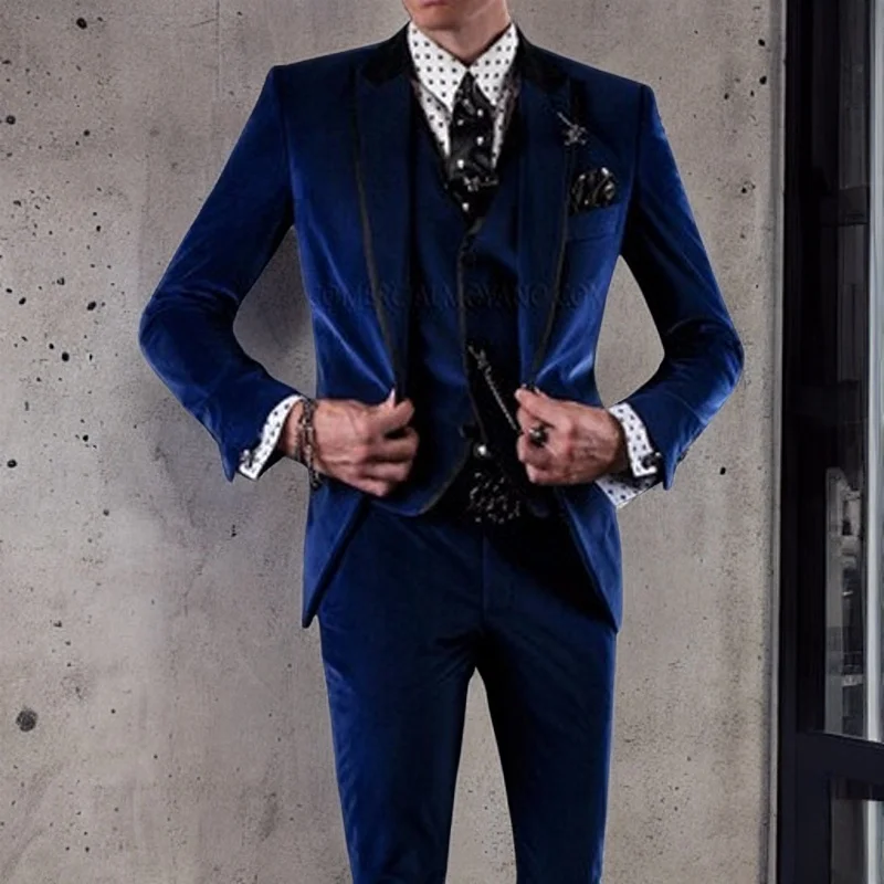 Royal Blue Velvet Groom Tuxedos for Wedding Men Suits 3 Piece Male Fashion Dinner Wear Jacket with Pants Vest 2023 Male Costume