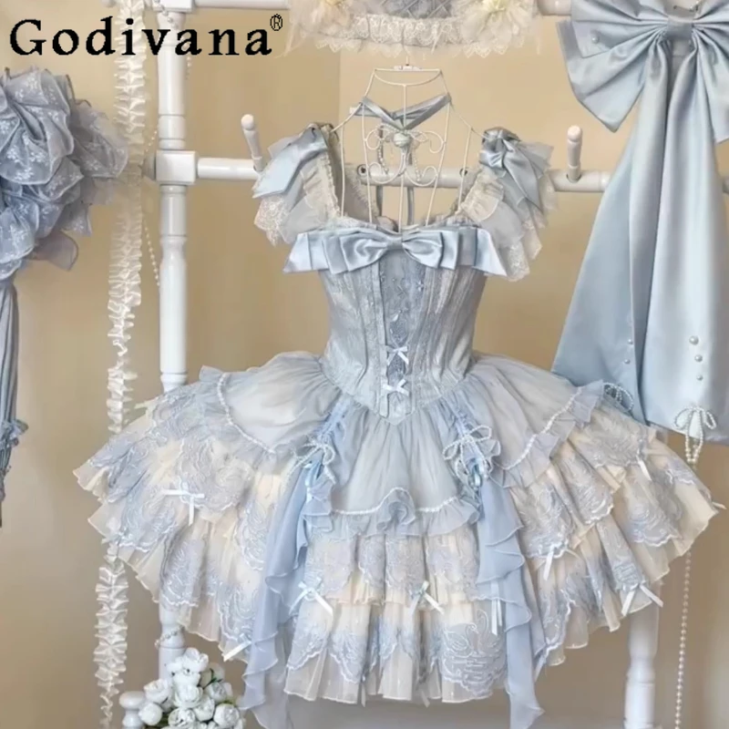 

Blue Swan Vintage Ballet Style Lolita Dress Women's Embroidery JSK Lolita Princess Dress Female Sweet Cute Bow Design Dress