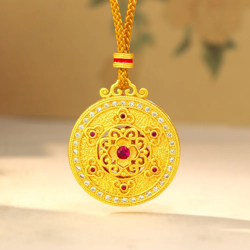 Rose red point diamond silk wishful compass pendant new Chinese fashion hollow pendant 9999gold