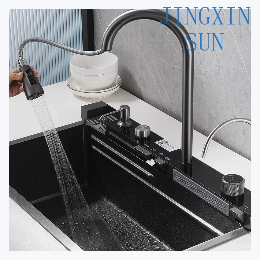 High-End 304 Stainless Steel Single Bowl Kitchen Sink With Faucet Multi-Functional Waterfall Integration Dish Rack