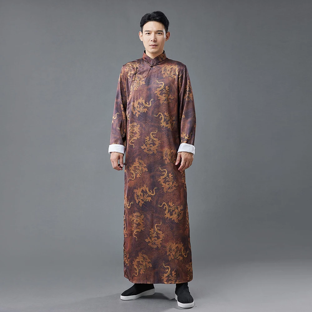 LZJN Chinese Style Silk Satin Printed Casual Long Gown with Handmade Buttons Long Robe Performance Costume Men's Tang Suit