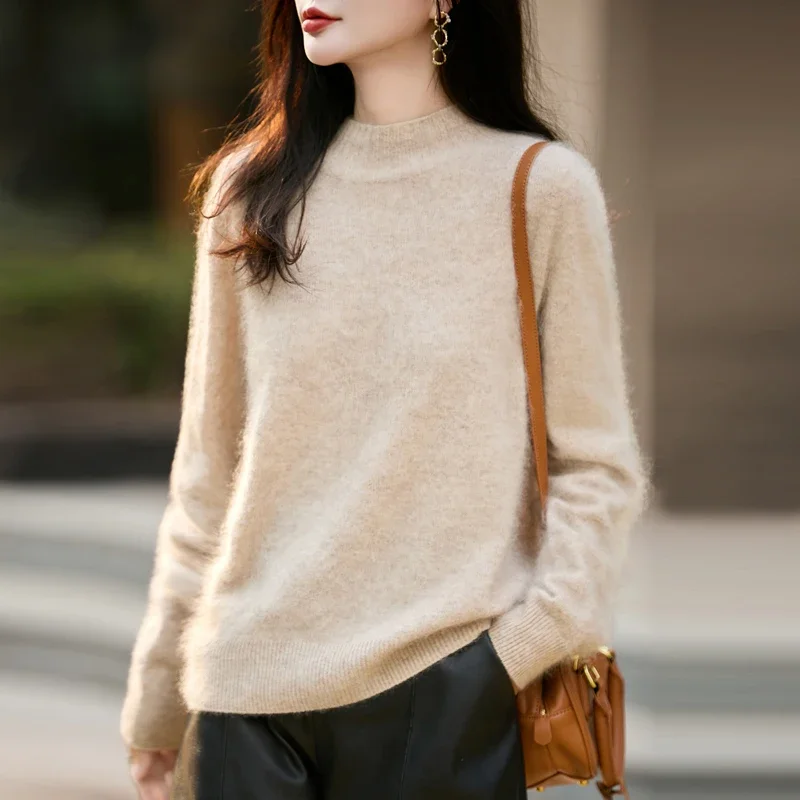 100% Wool Women's Fluffy High Neck Pullover, Loose Knit Winter Sweater Coat, Autumn Warm Top