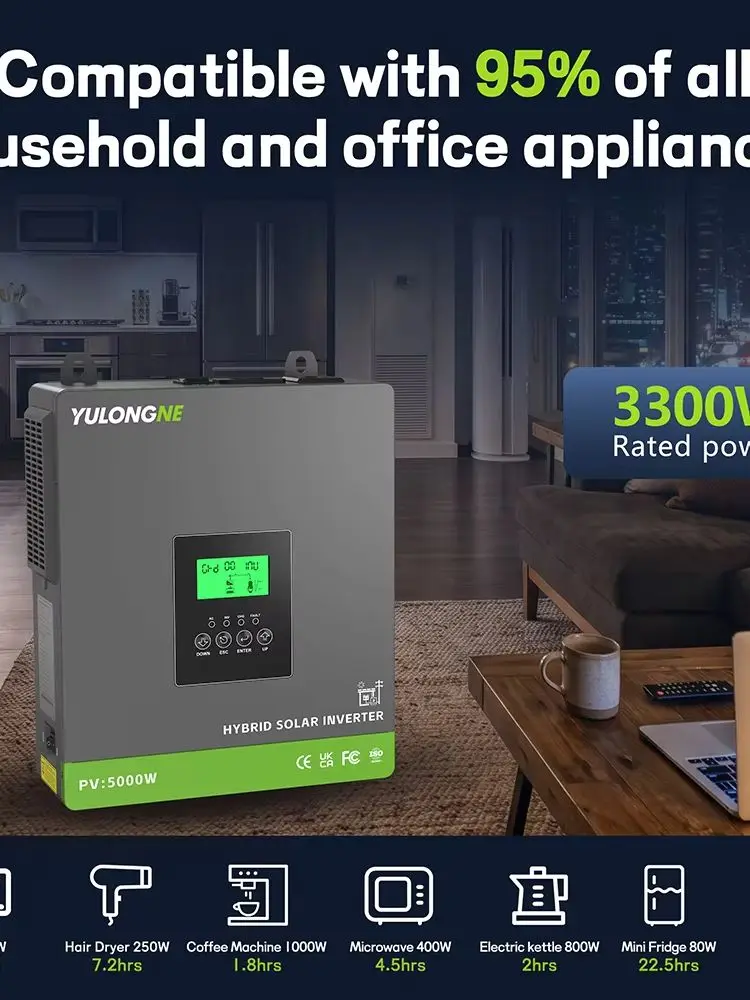 YULONGNE Off-Grid Hybrid-Solarwechselrichter 3300W 24VDC 230VAC mit eingebautem MPPT 120A Solarladeregler, max. PV-Leistung 5000W, unterstützt Lithium- und Blei-Säure-Batterien, Solarenergiesystem für