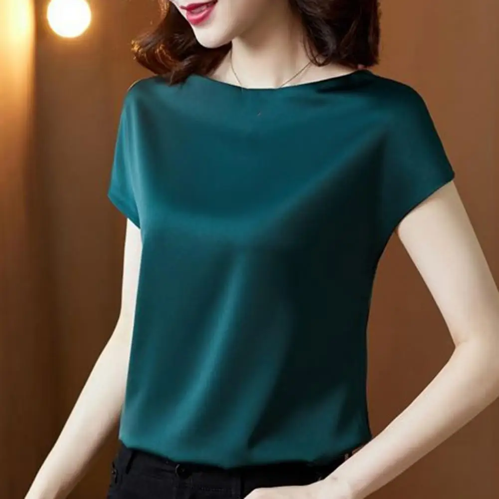 Stain T-shirt Solid Color Women Bottoming Blouse Elegant Office WomenBlouse Smooth Tops For Work Round Neck Short Sleeve Loose