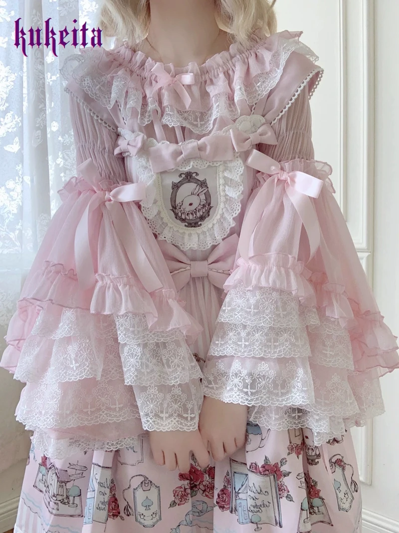 Kukeita Japanese Style Sweet Lolita Flare Sleeve Blouse Y2k Women Kawaii Fairy Princess Lace Bow Ruffles Slash Neck Shirts Tops