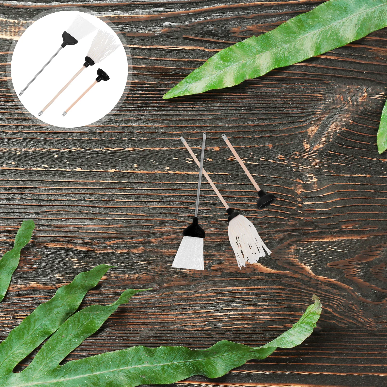 3 pçs mini ferramenta de limpeza esfregões casa de bonecas suprimentos conjunto preto metal decoração acessórios criança