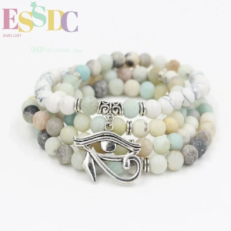 Wholesale 8mm Natural Amazonite Howlite  Female 108 Mala Yoga Stone Multi Layer Beaded Bracelets or Necklace Eye Pendant