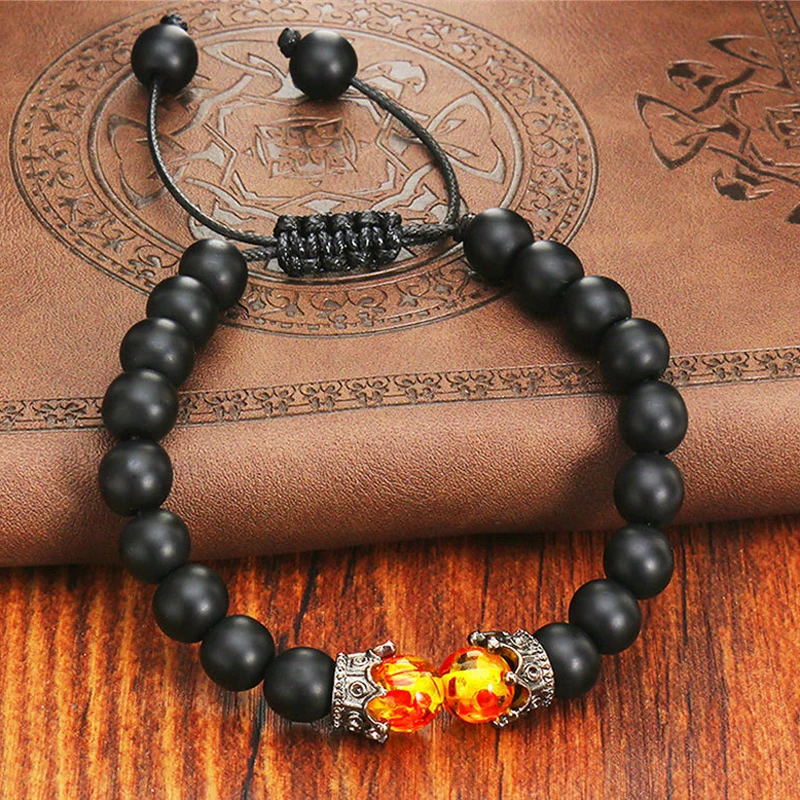 กำไลข้อมือหินลาวาสีดำสำหรับผู้ชายผู้หญิงสร้อยข้อมือถักทำด้วยมือเครื่องประดับแบบปรับได้