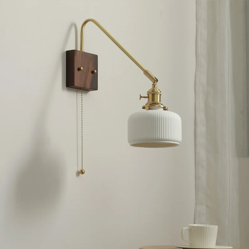 IWHD Pull Chain Switch LED Wall Light Fixtures Bedroom Living Room Balcony Walnut Ceramic Nordic Bedside Lamp Espejo Pared