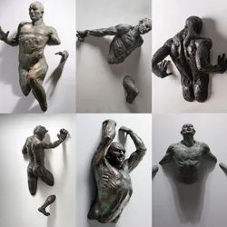 3D Through Wall Figure Sculpture Imitation Copper Decor Abstract Character Resin Climbing Man Statue Indoor Wall Home Decoration