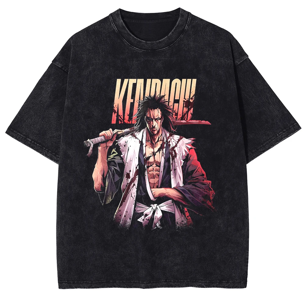 Hot Anime BLEACH Zaraki Kenpachi Cool Print T-shirt Men Manga Casual Tshirts Vintage Cotton Tee Harajuku Male Washed T Shirt