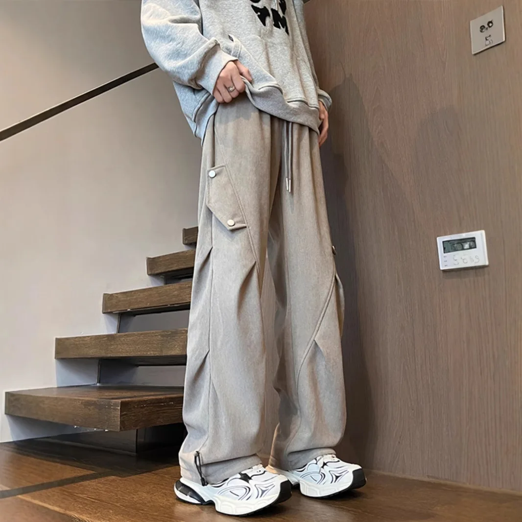 Four Seasons New Fashion Men's Casual Trendy Solid Color Corduroy Cargo Pants Loose Wide Leg Sweatpants Male Trousers Streetwear