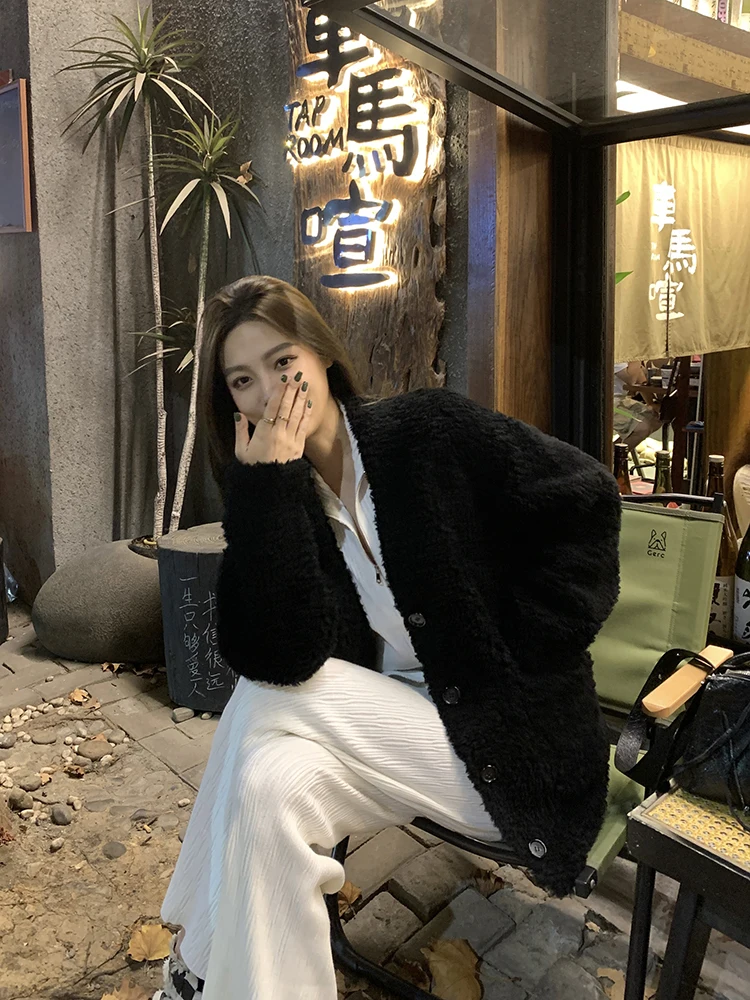 

Lamb Wool Jacket Woman Fabric Sherpa Mid-Length Travel Vintage Girlish Protective Turn-Down Collar Single-Breasted Cinched Waist