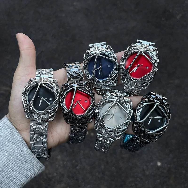 

Men Gothic Y2k Spider Web Dial Quartz Watch Vintage Punk Alternative Skull Alabaster White Waterproof Stainless Steel Wristwatc